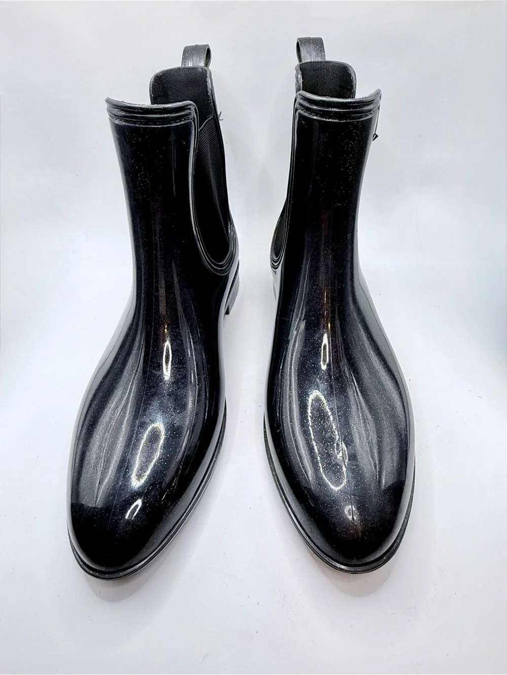 Juicy Couture Rori Rain Boots Ankle Black Gold Sparkle Size 10 Waterproof EUC